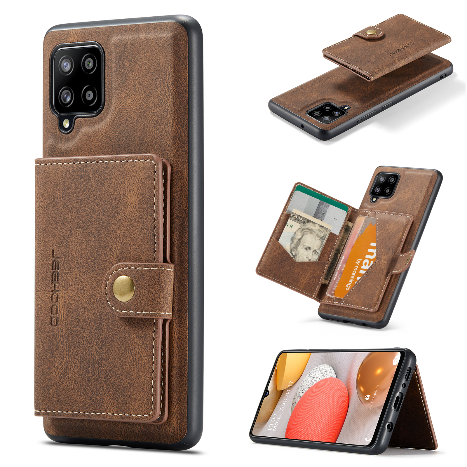 JEEHOOD For Samsung Galaxy A42 5G Case  J01 Retro Leather Phone Back Cover with Detachable Magnetic Card Holder - Brown