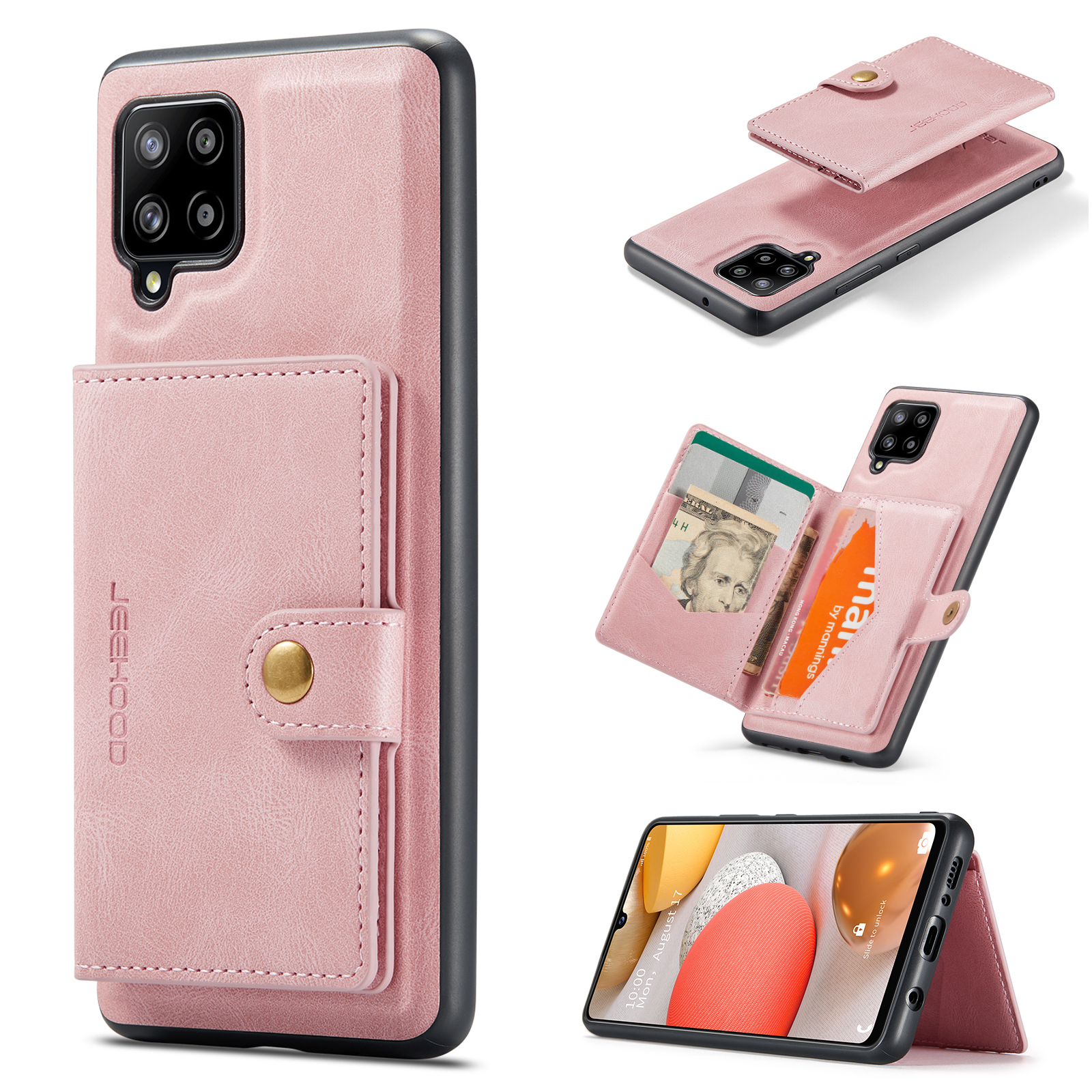 JEEHOOD For Samsung Galaxy A42 5G Case J01 Retro Leather Phone Back Cover with Detachable Magnetic Card Holder - Pink