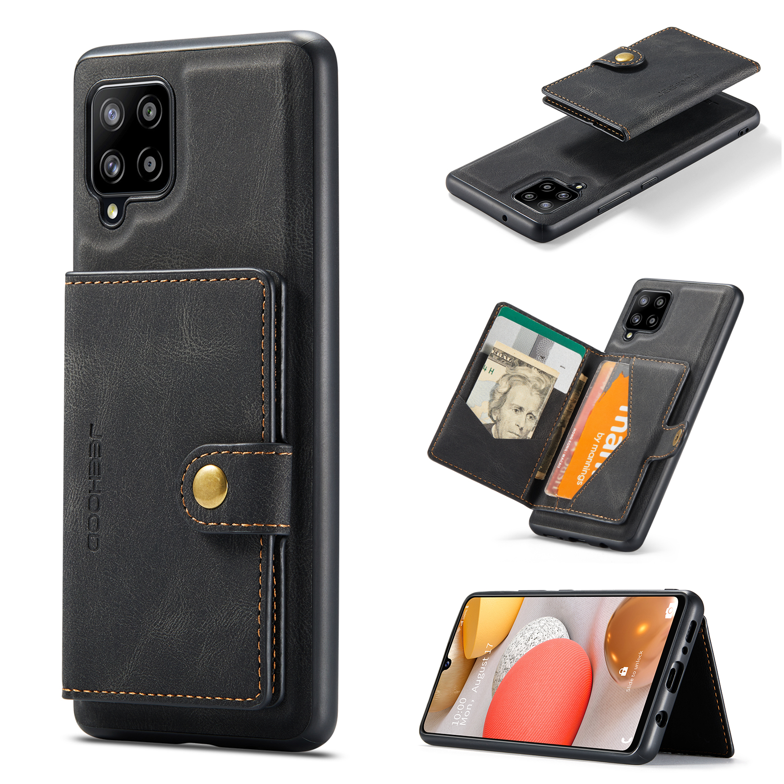 JEEHOOD For Samsung Galaxy A42 5G Case J01 Retro Leather Phone Back Cover with Detachable Magnetic Card Holder - Black