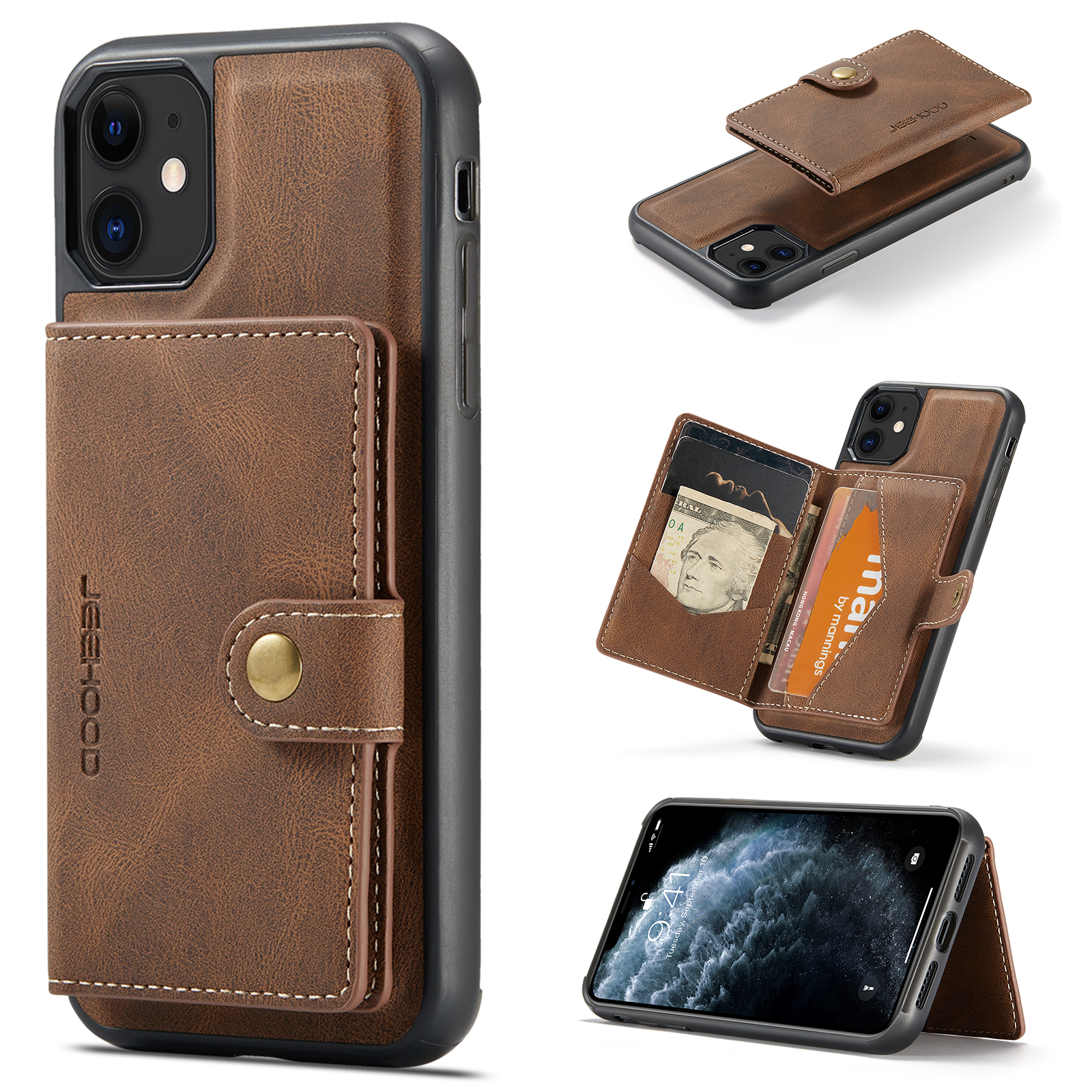 For iPhone 11 Pro Case JEEHOOD J01 Retro Leather Phone Back Cover with Detachable Magnetic Card Holder - Brown