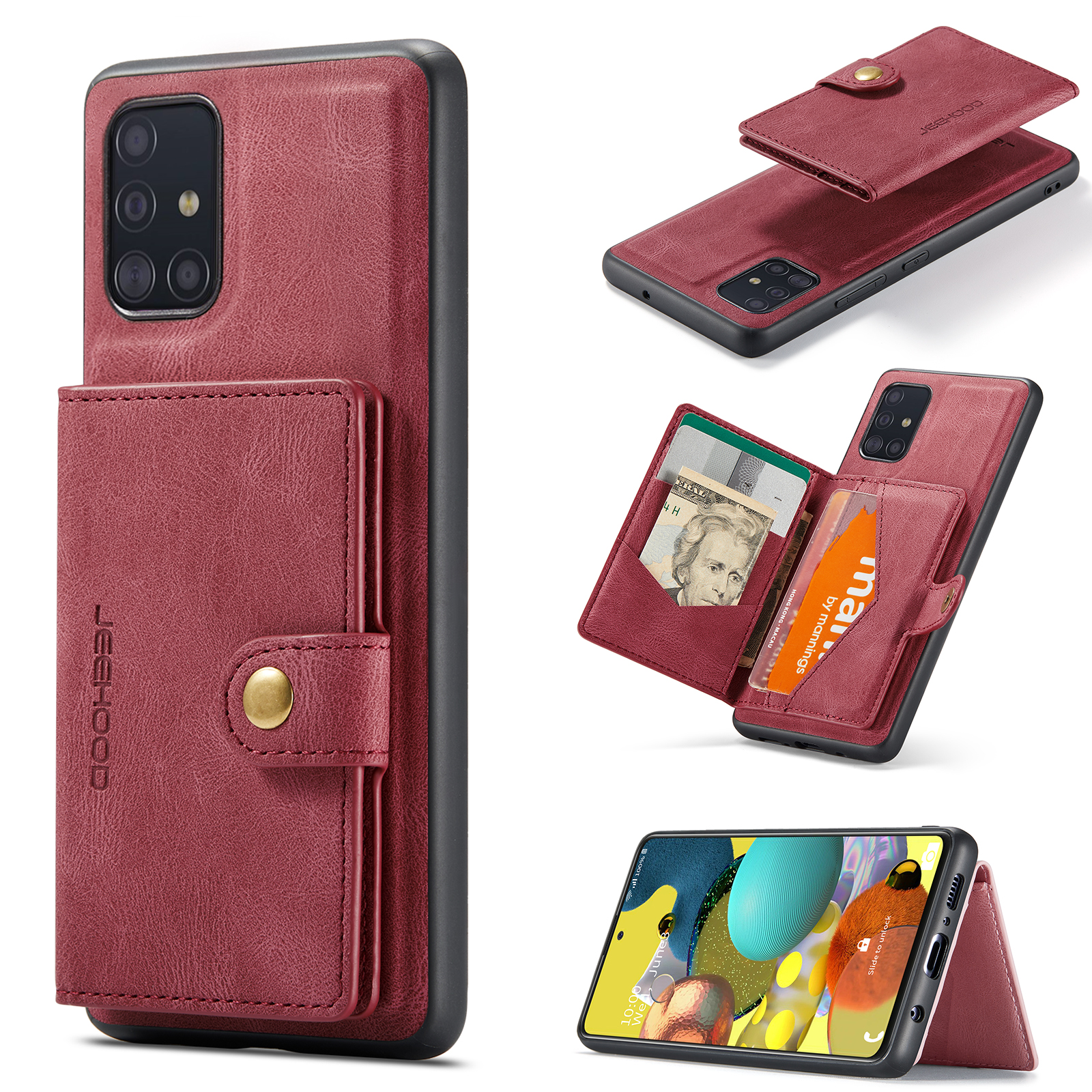 JEEHOOD For Samsung Galaxy A51 5G SM-A516 Case J01 Retro Leather Phone Back Cover with Detachable Magnetic Card Holder - Red