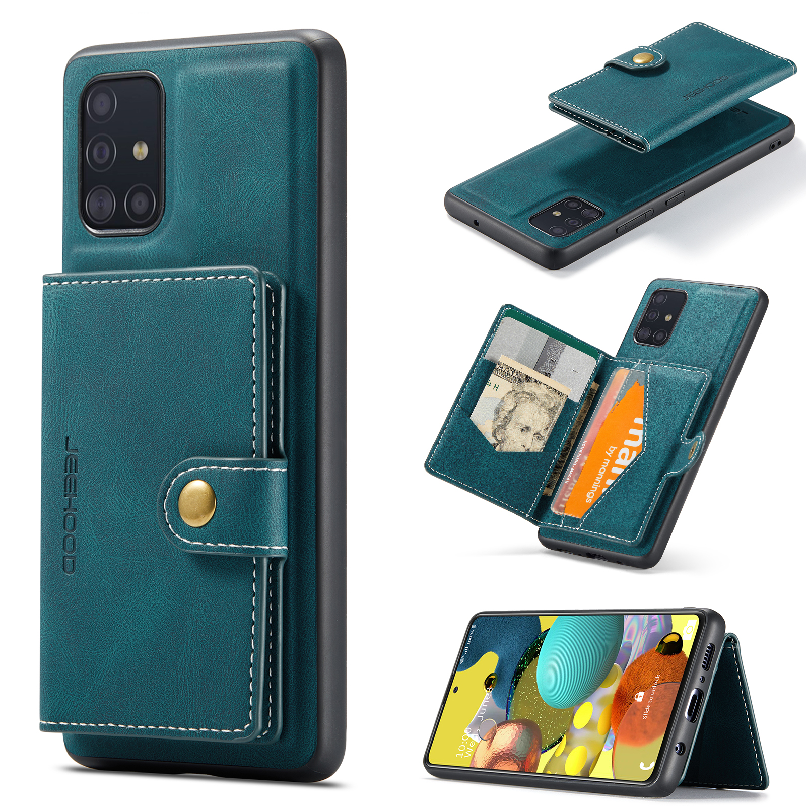 JEEHOOD For Samsung Galaxy A51 5G SM-A516 Case  J01 Retro Leather Phone Back Cover with Detachable Magnetic Card Holder - Blue
