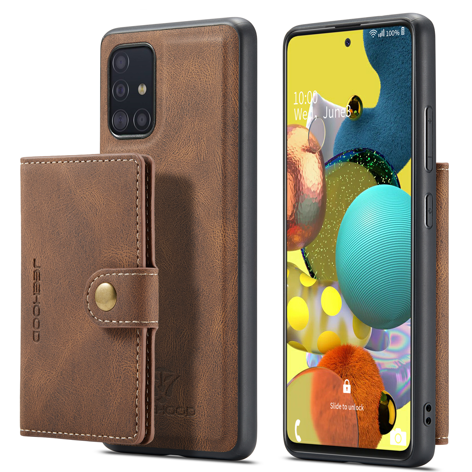 JEEHOOD For Samsung Galaxy A51 5G SM-A516 Case  J01 Retro Leather Phone Back Cover with Detachable Magnetic Card Holder - Brown