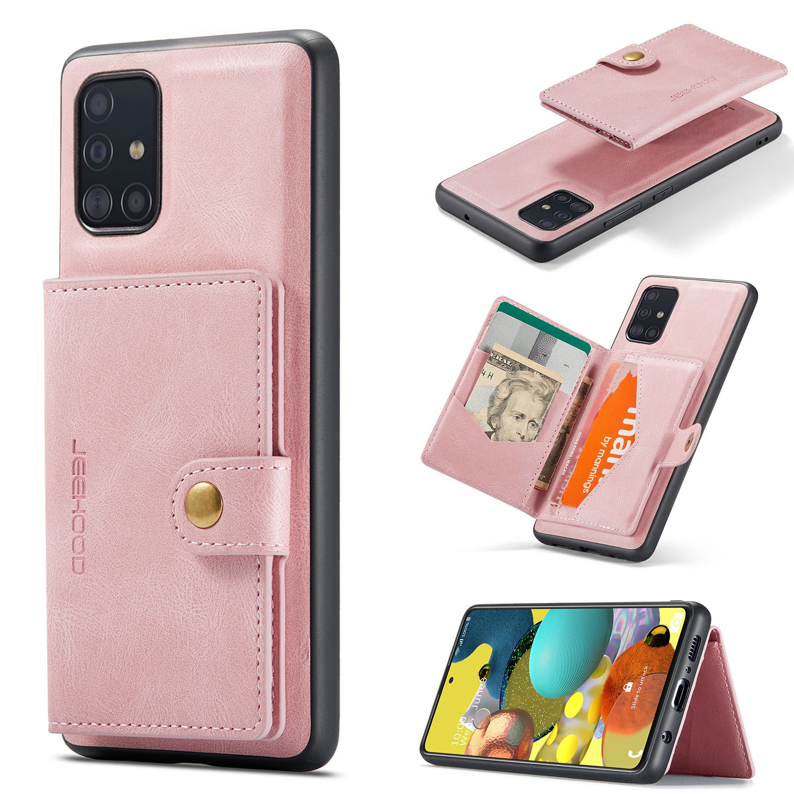 JEEHOOD For Samsung Galaxy A51 5G SM-A516 Case J01 Retro Leather Phone Back Cover with Detachable Magnetic Card Holder - Pink
