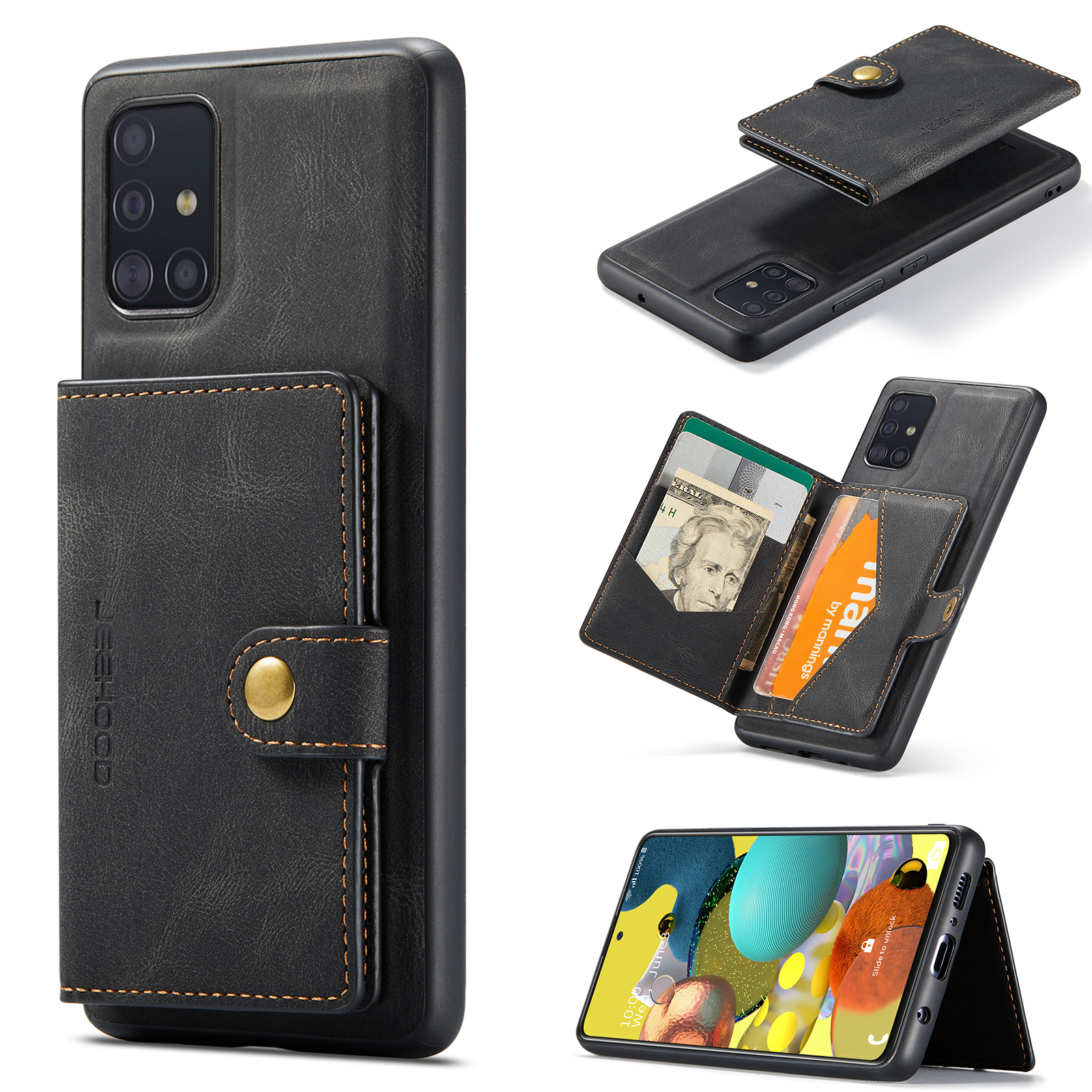 JEEHOOD For Samsung Galaxy A51 5G SM-A516 Case  J01 Retro Leather Phone Back Cover with Detachable Magnetic Card Holder - Black