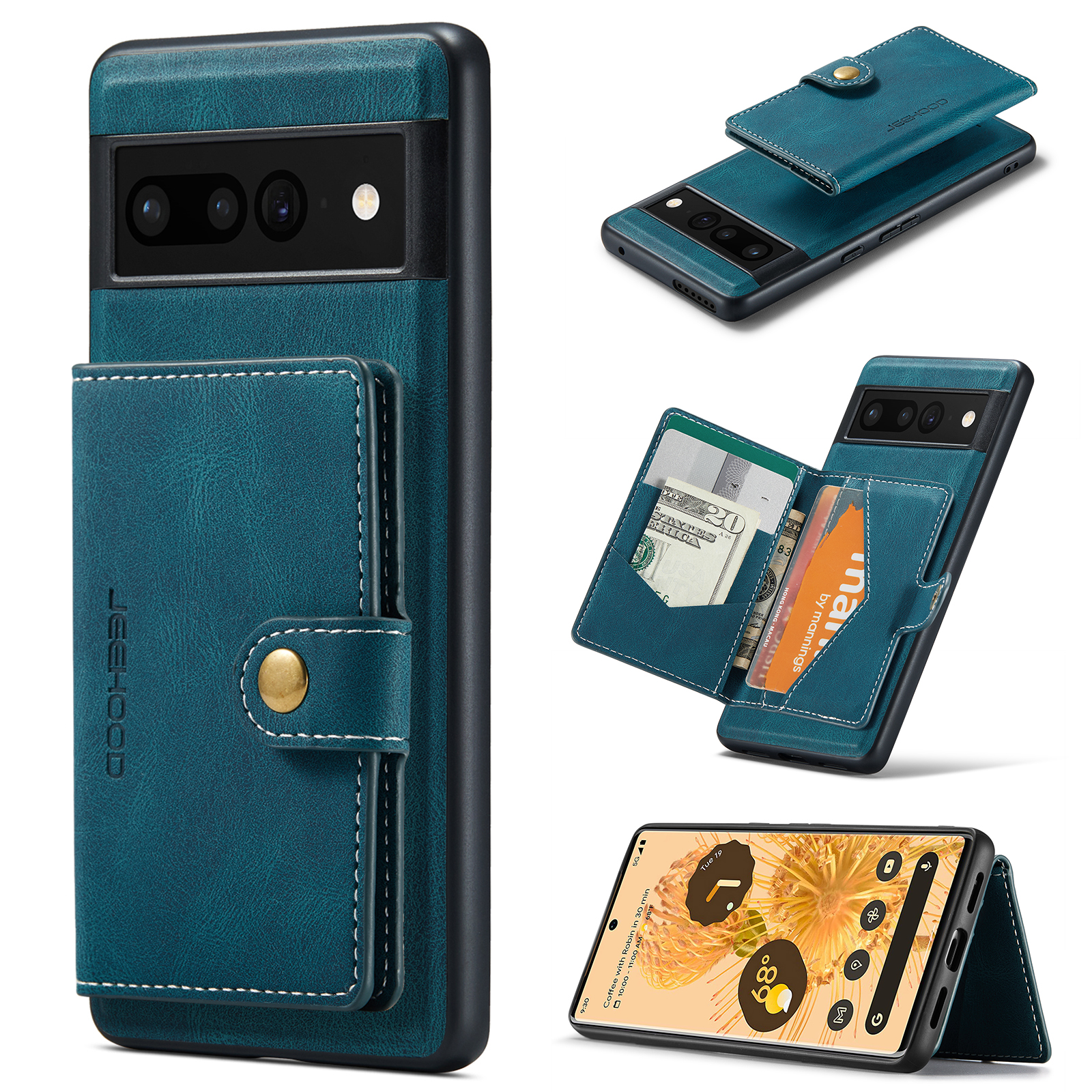 For Google Pixel 7 5G Case JEEHOOD J01 Retro Leather Phone Back Cover with Detachable Magnetic Card Holder - Blue