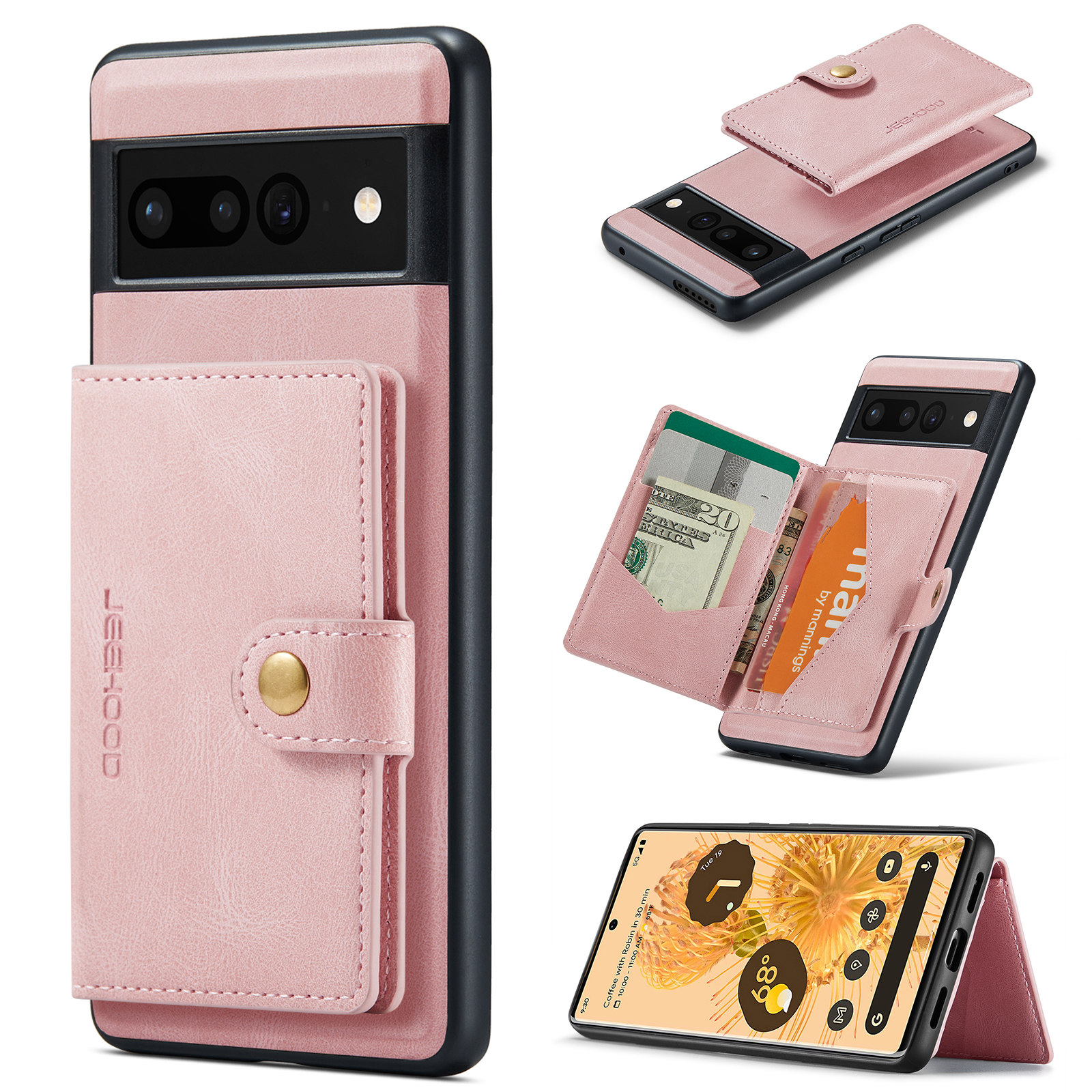 For Google Pixel 7 5G Case JEEHOOD J01 Retro Leather Phone Back Cover with Detachable Magnetic Card Holder - Pink