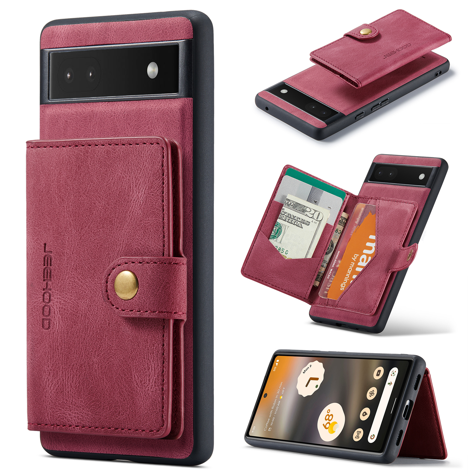 For Google Pixel 6a Case JEEHOOD J01 Retro Leather Phone Back Cover with Detachable Magnetic Card Holder - Red