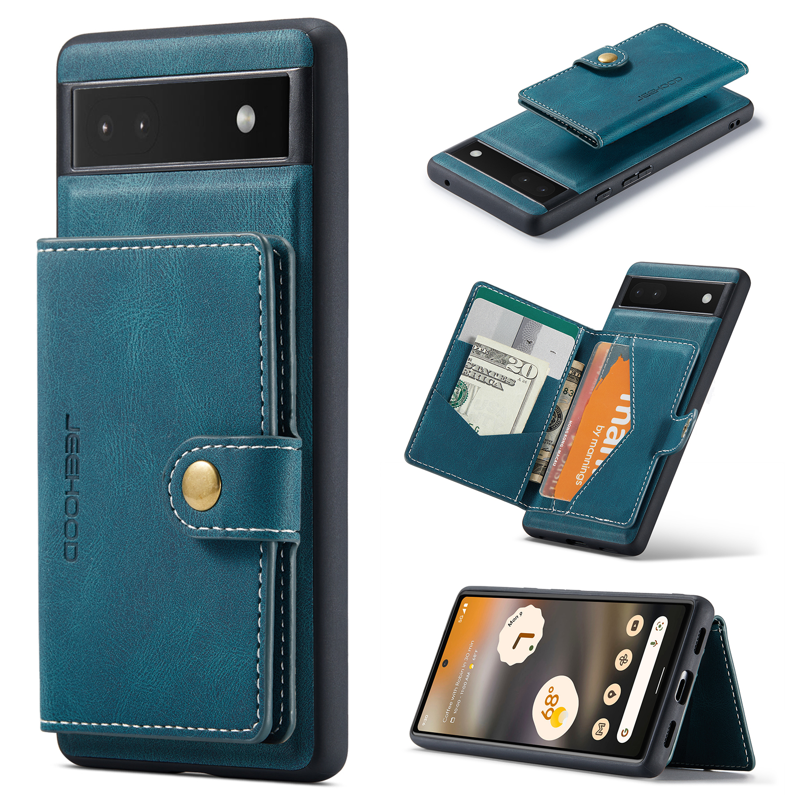 For Google Pixel 6a Case JEEHOOD J01 Retro Leather Phone Back Cover with Detachable Magnetic Card Holder - Blue