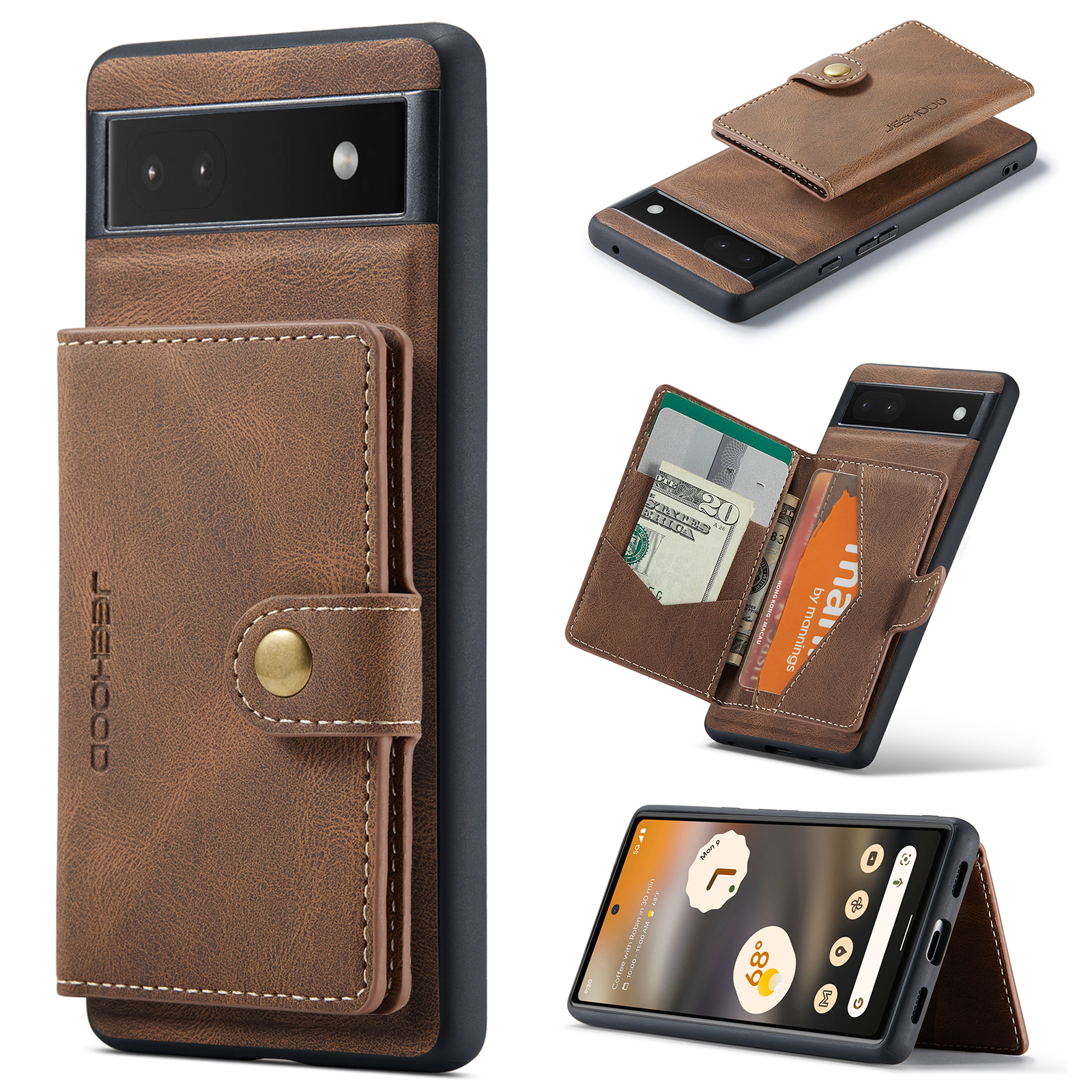 For Google Pixel 6a Case JEEHOOD J01 Retro Leather Phone Back Cover with Detachable Magnetic Card Holder - Brown