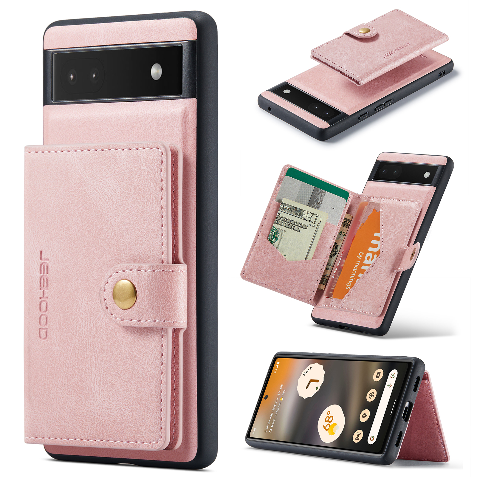 For Google Pixel 6a Case JEEHOOD J01 Retro Leather Phone Back Cover with Detachable Magnetic Card Holder - Pink