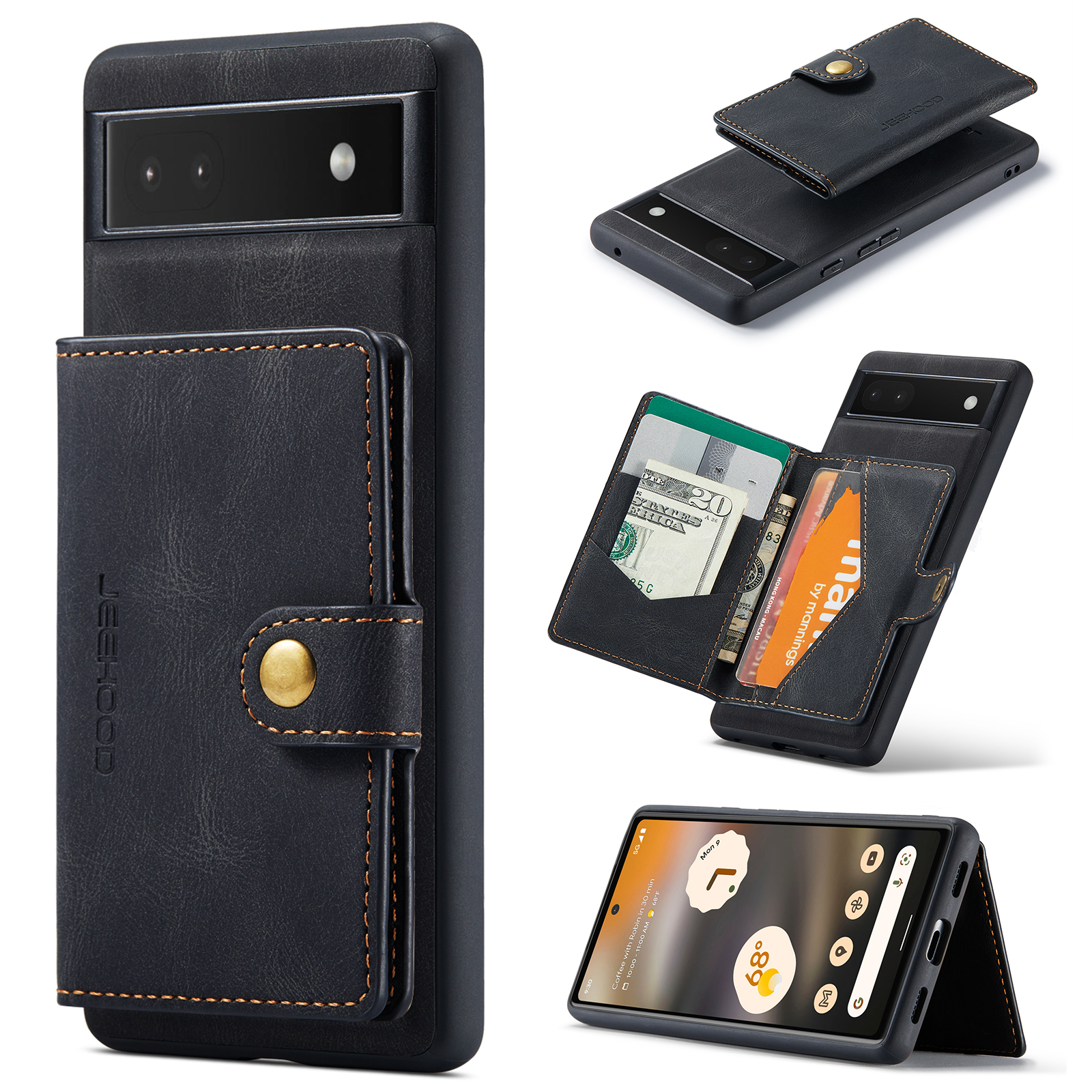 For Google Pixel 6a Case JEEHOOD J01 Retro Leather Phone Back Cover with Detachable Magnetic Card Holder - Black