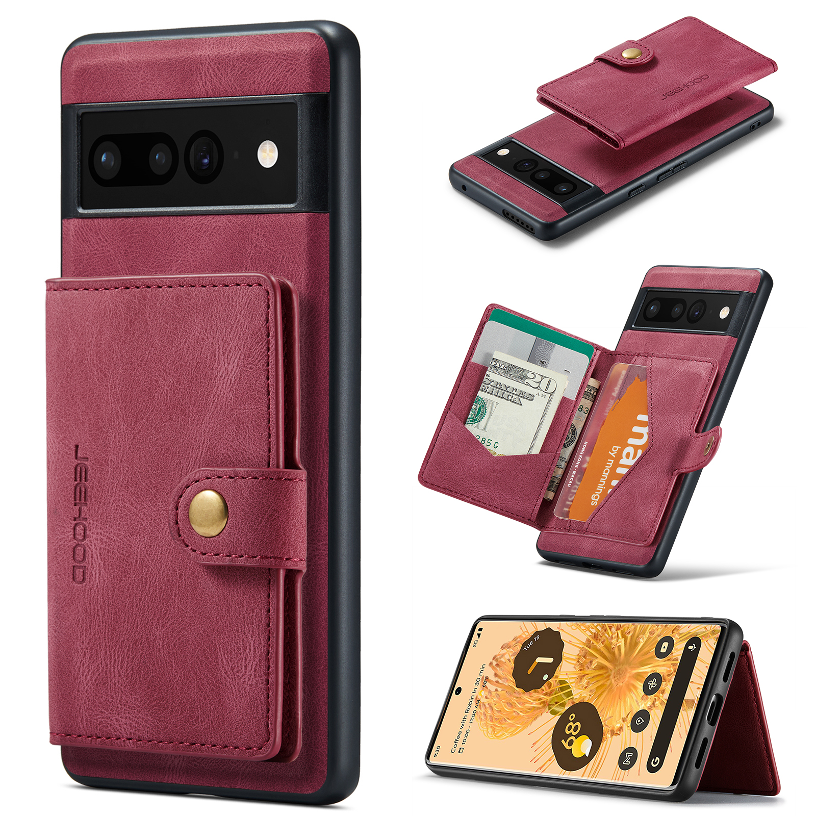 For Google Pixel 7 Pro 5G Case JEEHOOD J01 Retro Leather Phone Back Cover with Detachable Magnetic Card Holder - Red