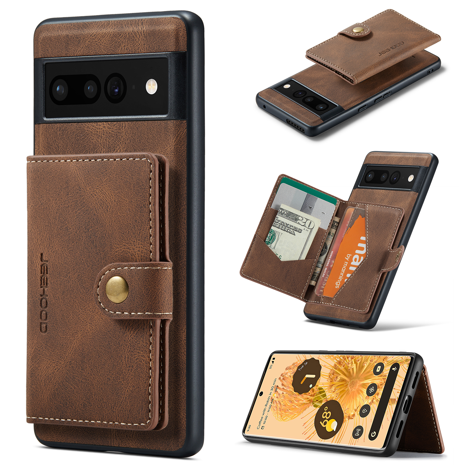 For Google Pixel 7 Pro 5G Case JEEHOOD J01 Retro Leather Phone Back Cover with Detachable Magnetic Card Holder - Brown