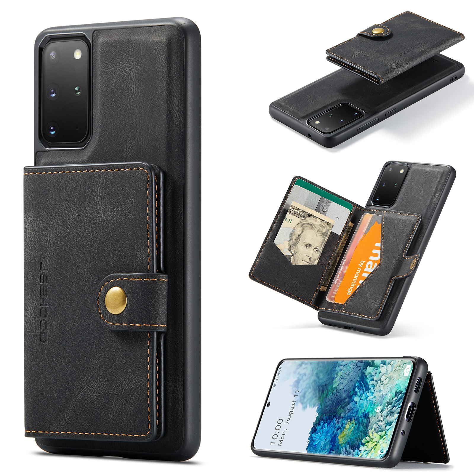 JEEHOOD For Samsung Galaxy S20 Plus 5G Case  J01 Retro Leather Phone Back Cover with Detachable Magnetic Card Holder - Black