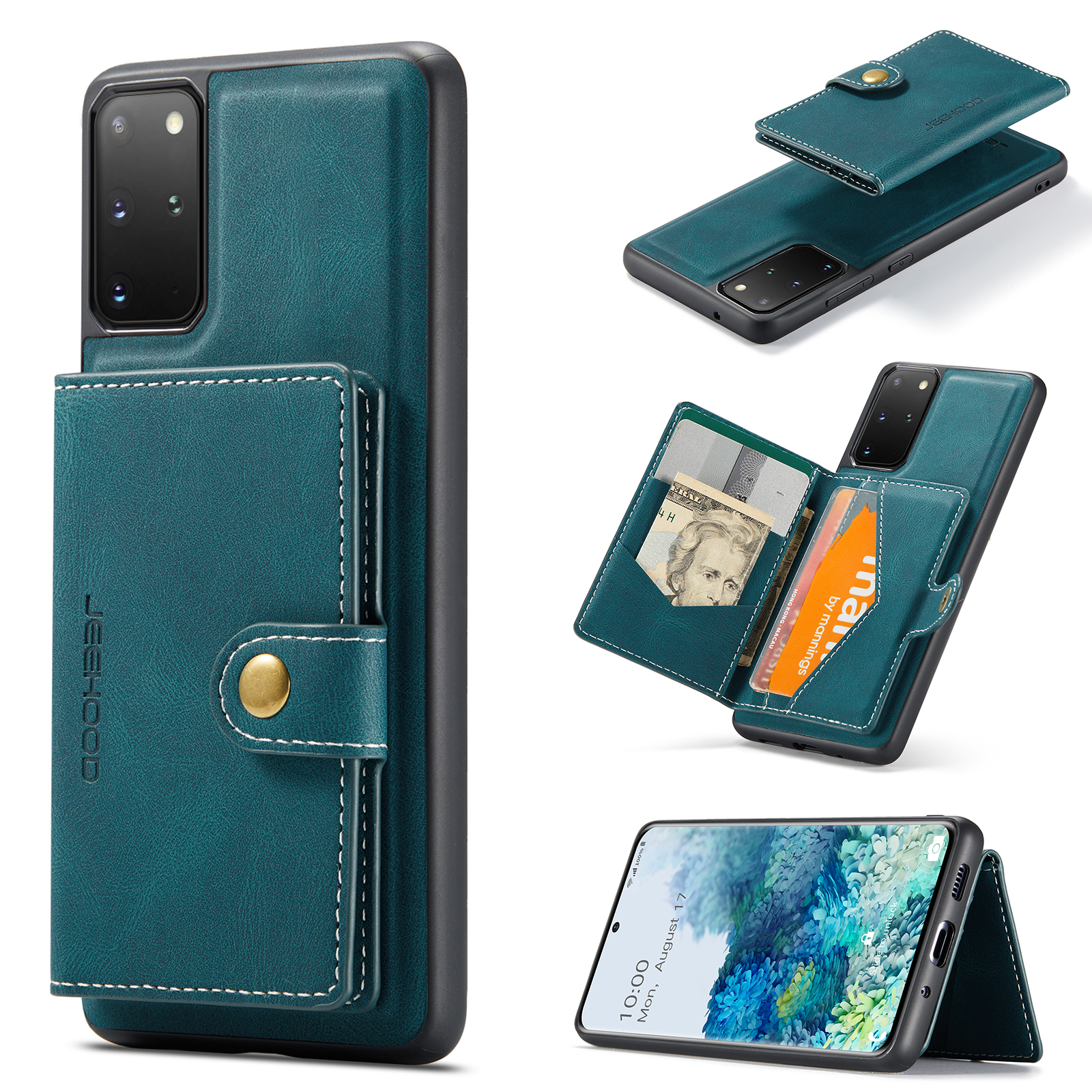 JEEHOOD For Samsung Galaxy S20 Plus 5G Case J01 Retro Leather Phone Back Cover with Detachable Magnetic Card Holder - Blue