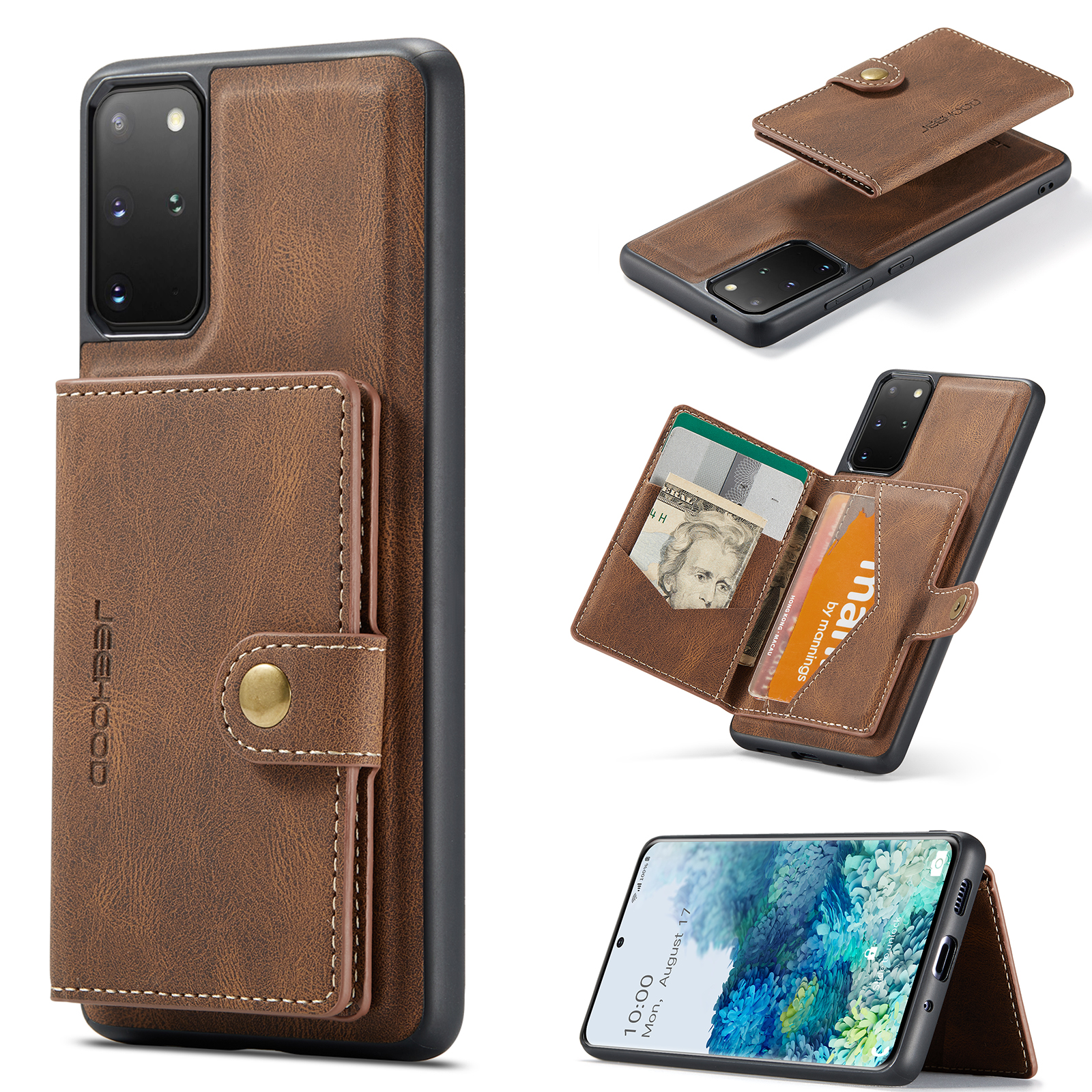 JEEHOOD For Samsung Galaxy S20 Plus 5G Case J01 Retro Leather Phone Back Cover with Detachable Magnetic Card Holder - Brown