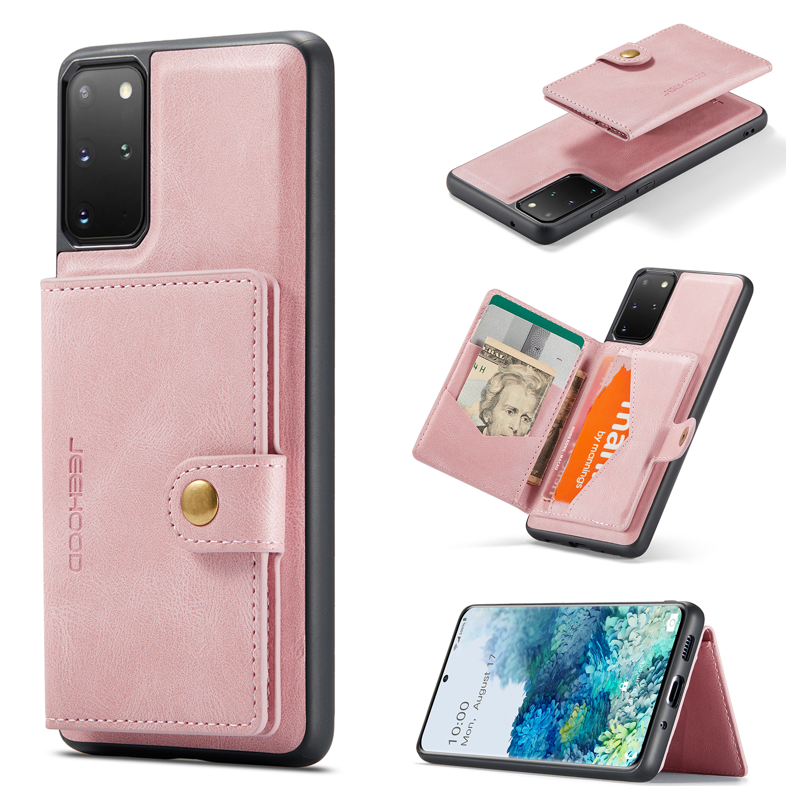 JEEHOOD For Samsung Galaxy S20 Plus 5G Case J01 Retro Leather Phone Back Cover with Detachable Magnetic Card Holder - Pink