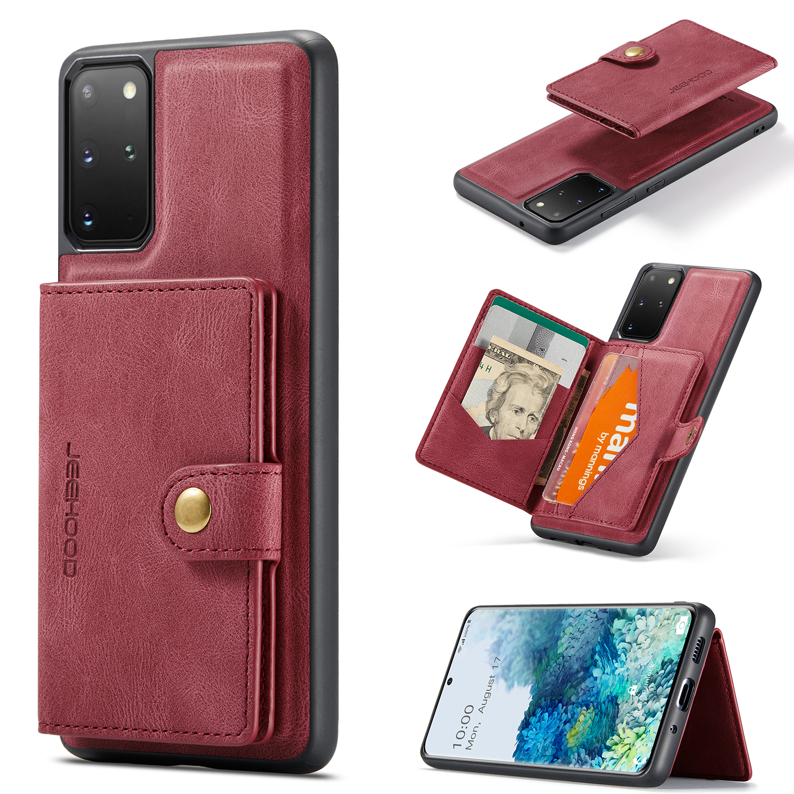 JEEHOOD For Samsung Galaxy S20 Plus 5G Case J01 Retro Leather Phone Back Cover with Detachable Magnetic Card Holder - Red
