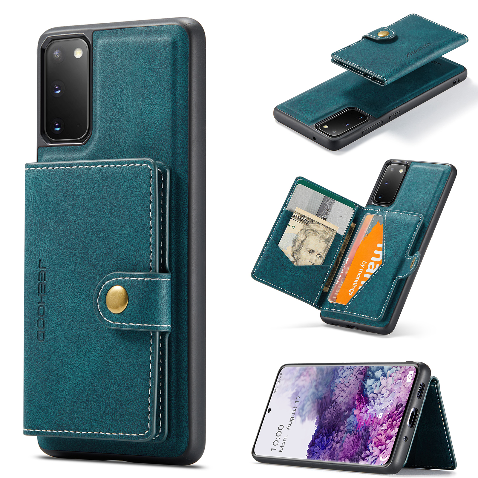 JEEHOOD For Samsung Galaxy S20 5G Case J01 Retro Leather Phone Back Cover with Detachable Magnetic Card Holder - Blue