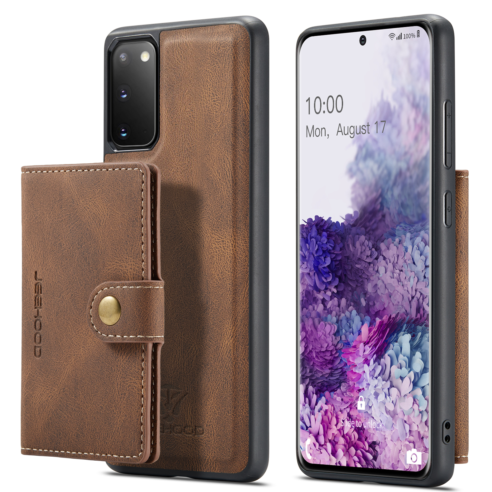 JEEHOOD For Samsung Galaxy S20 5G Case J01 Retro Leather Phone Back Cover with Detachable Magnetic Card Holder - Brown