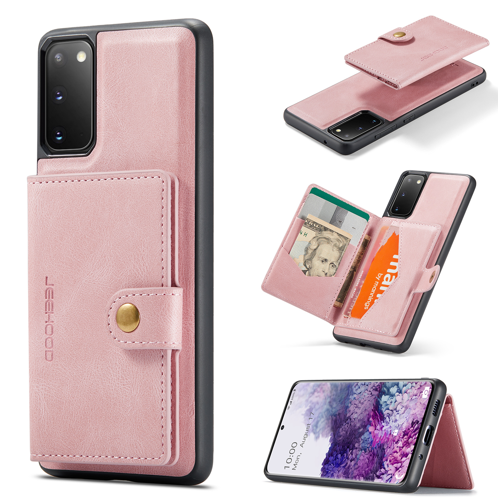 JEEHOOD For Samsung Galaxy S20 5G Case J01 Retro Leather Phone Back Cover with Detachable Magnetic Card Holder - Pink