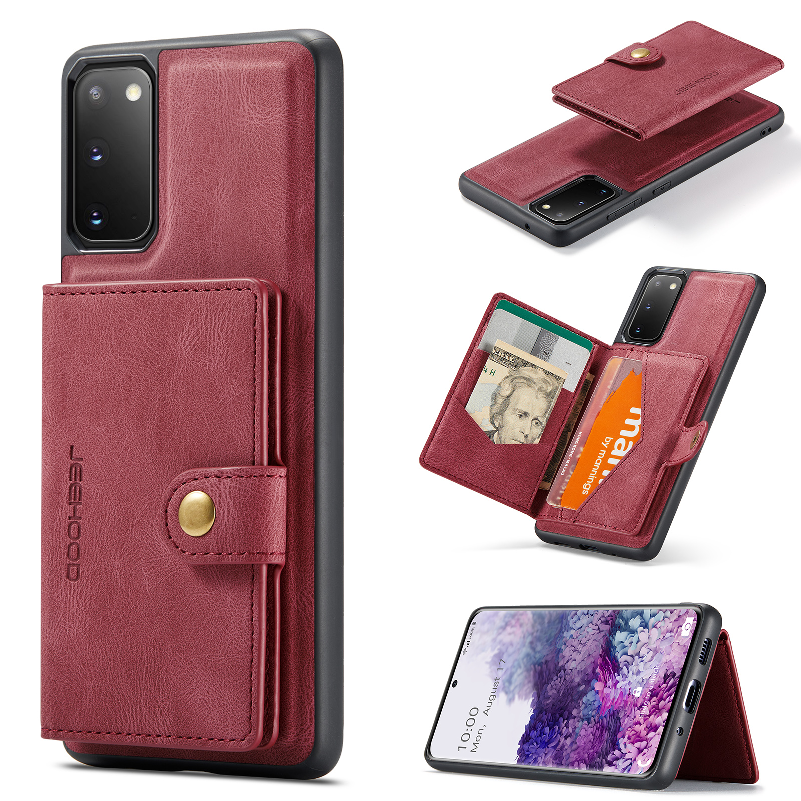 JEEHOOD For Samsung Galaxy S20 5G Case J01 Retro Leather Phone Back Cover with Detachable Magnetic Card Holder - Red