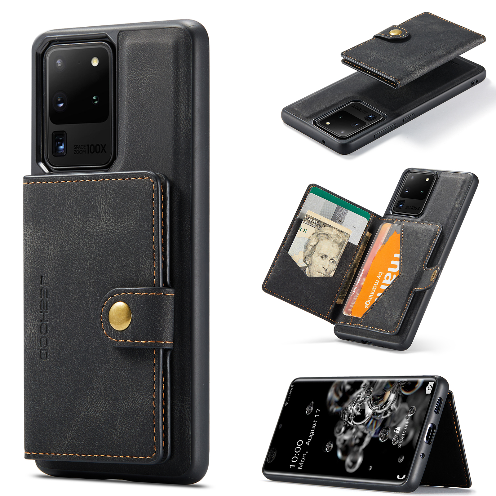 JEEHOOD For Samsung Galaxy S20 Ultra Case  J01 Retro Leather Phone Back Cover with Detachable Magnetic Card Holder - Black
