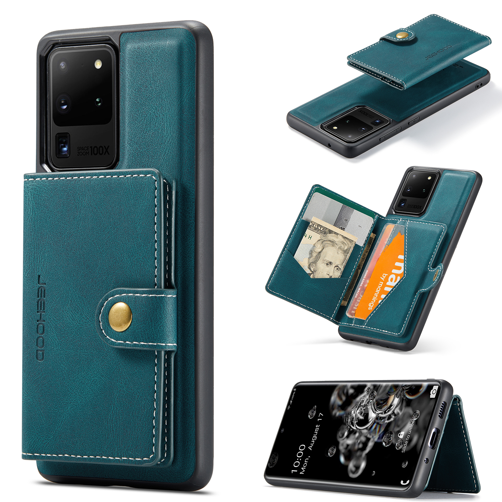 JEEHOOD For Samsung Galaxy S20 Ultra Case  J01 Retro Leather Phone Back Cover with Detachable Magnetic Card Holder - Blue