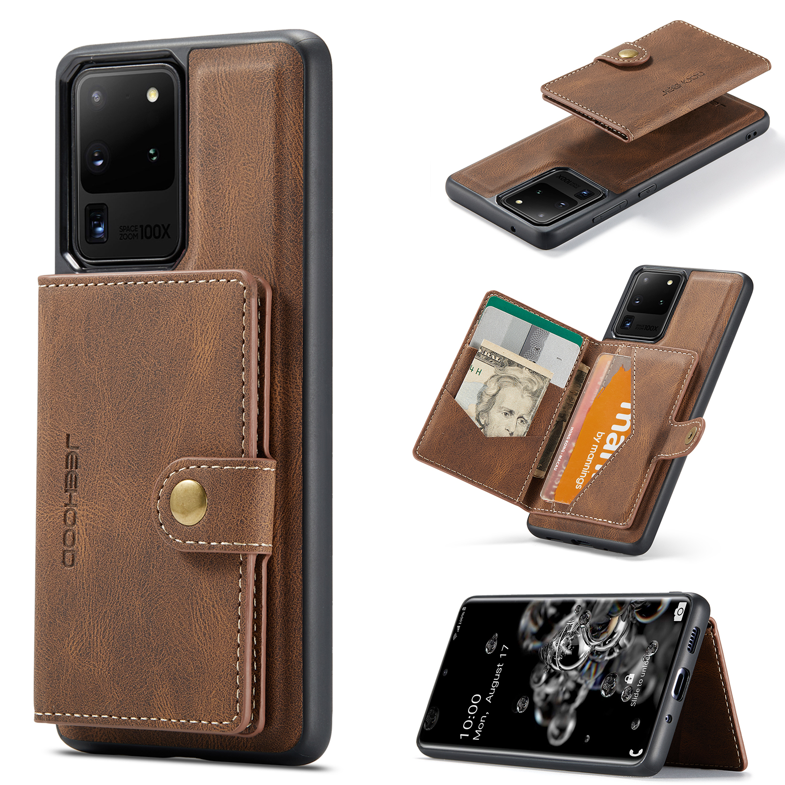 JEEHOOD For Samsung Galaxy S20 Ultra Case  J01 Retro Leather Phone Back Cover with Detachable Magnetic Card Holder - Brown