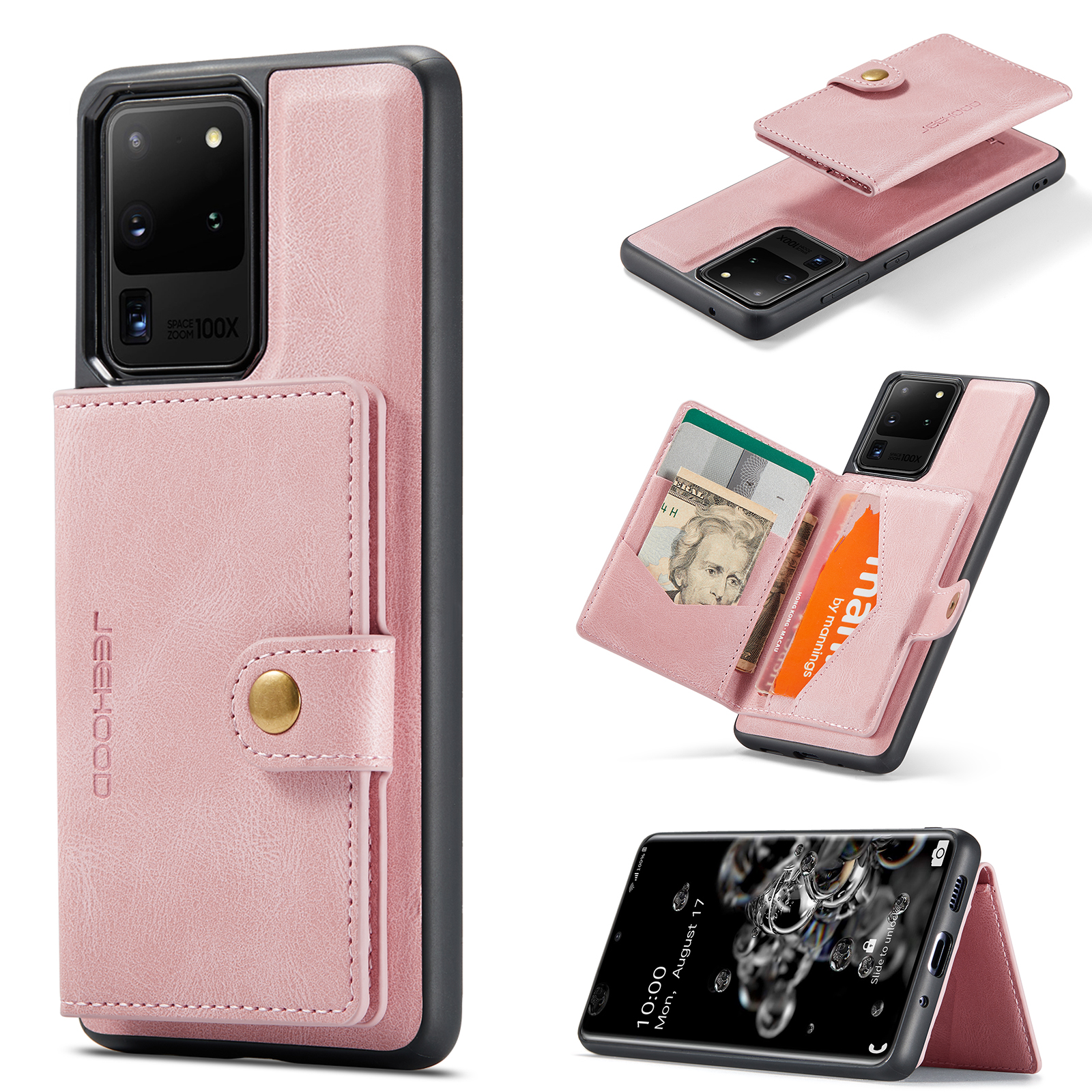 JEEHOOD For Samsung Galaxy S20 Ultra Case J01 Retro Leather Phone Back Cover with Detachable Magnetic Card Holder - Pink