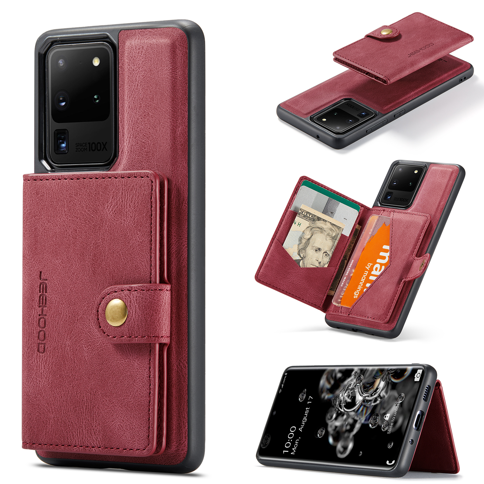 JEEHOOD For Samsung Galaxy S20 Ultra Case J01 Retro Leather Phone Back Cover with Detachable Magnetic Card Holder - Red