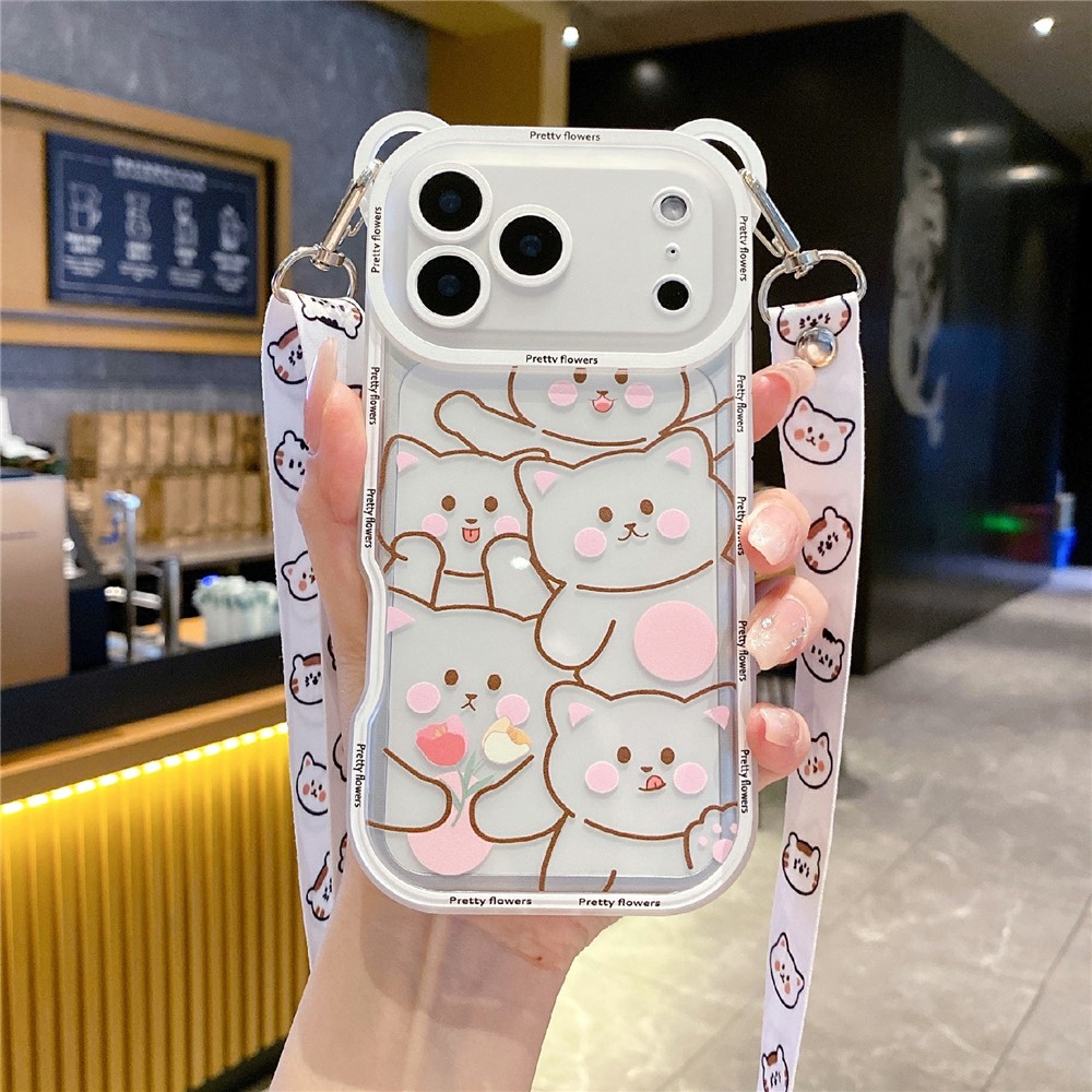 For iPhone 17 Pro Max Case Cute Bear Design Shockproof TPU Phone Back Cover with Shoulder Strap - Stacking Bear A