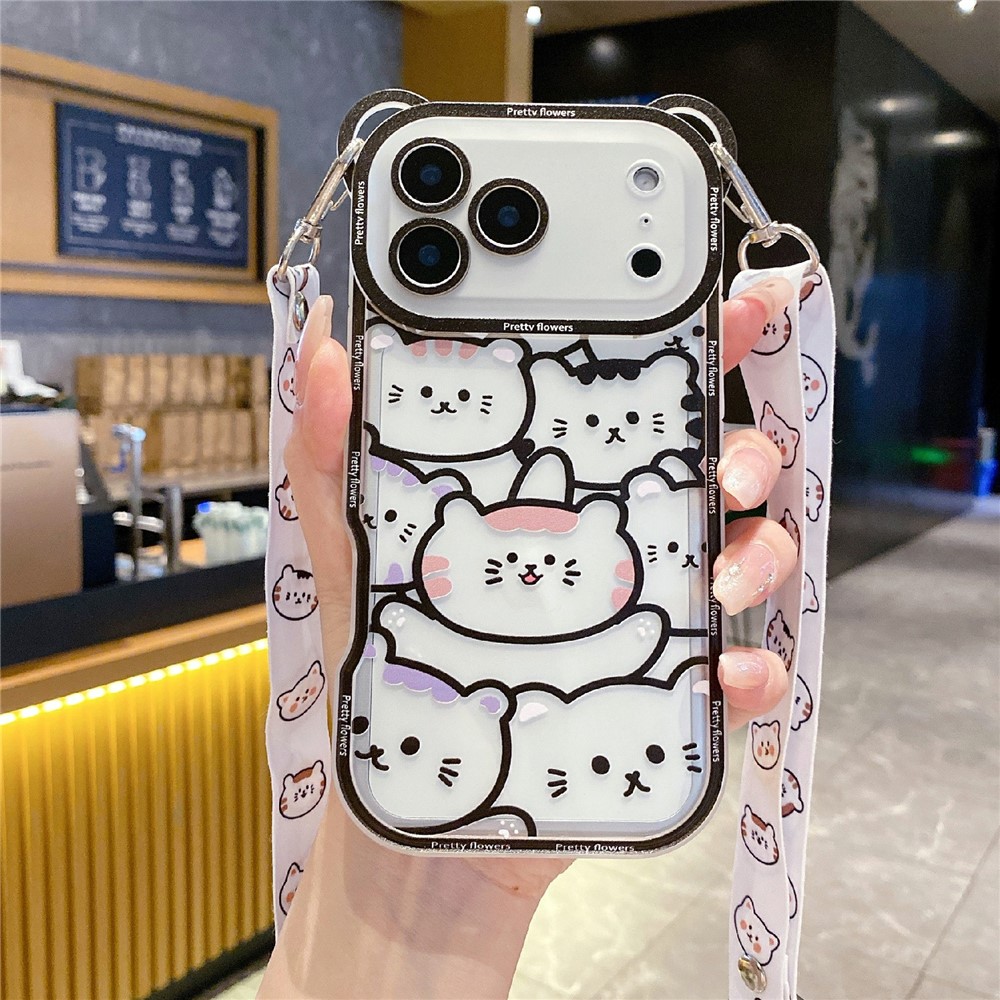 For iPhone 17 Pro Max Case Cute Bear Design Shockproof TPU Phone Back Cover with Shoulder Strap - Stacking Bear B