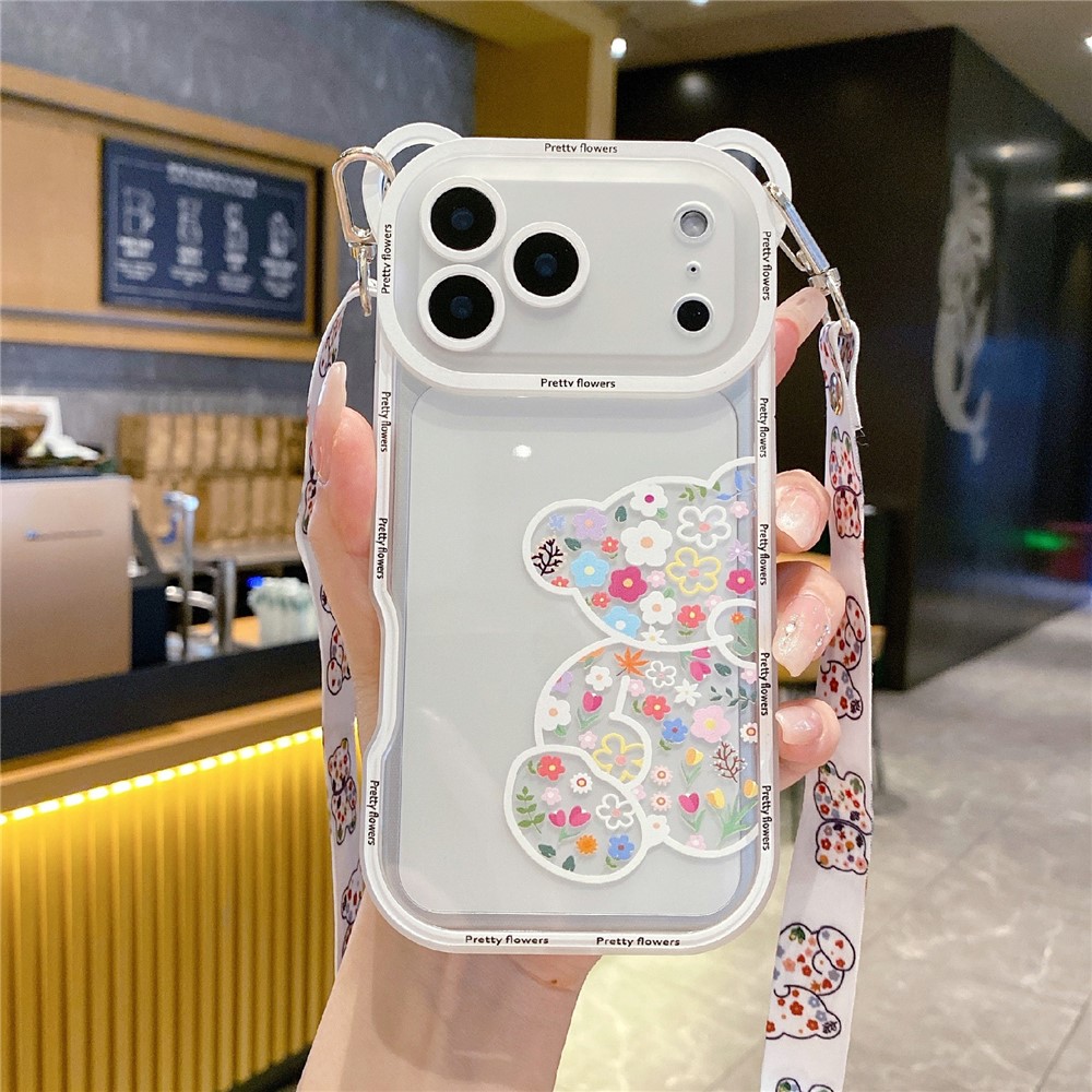 For iPhone 17 Pro Case Cute Bear Design Shockproof TPU Phone Back Cover with Shoulder Strap - Flower Bear A