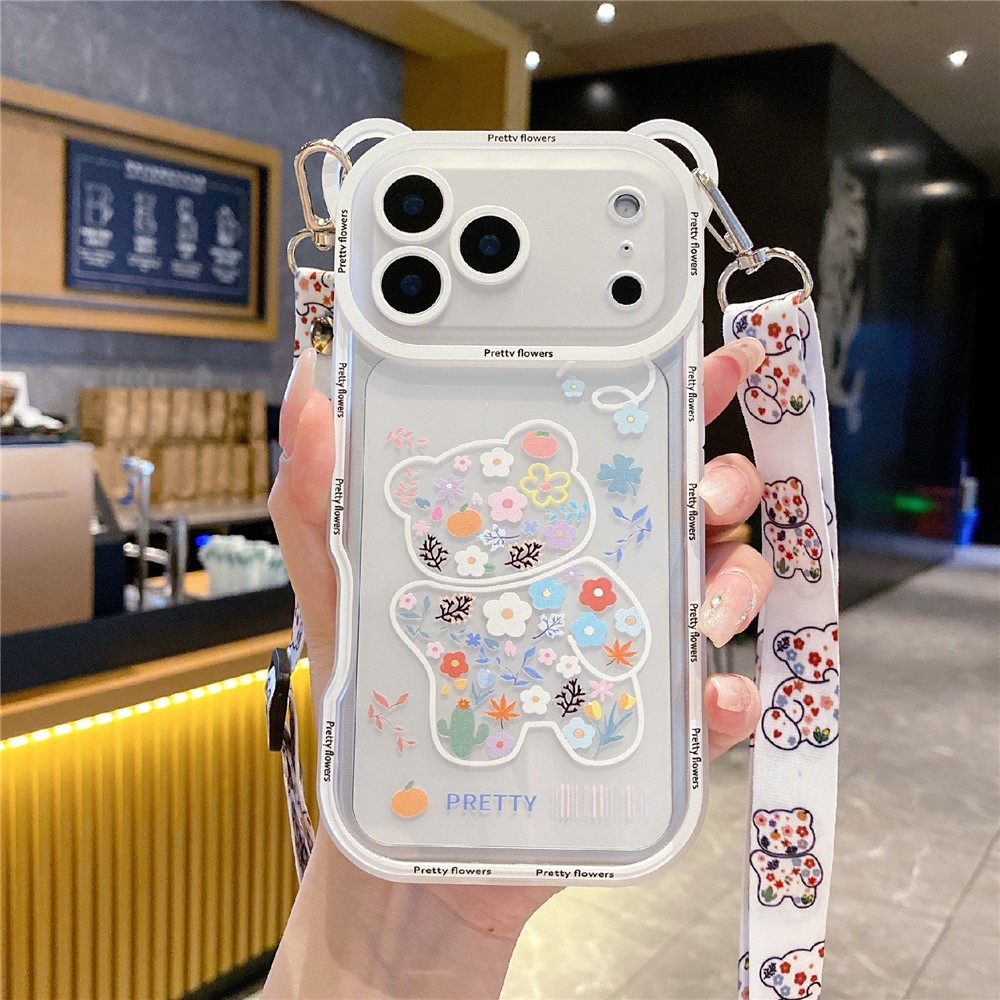For iPhone 17 Pro Case Cute Bear Design Shockproof TPU Phone Back Cover with Shoulder Strap - Flower Bear B