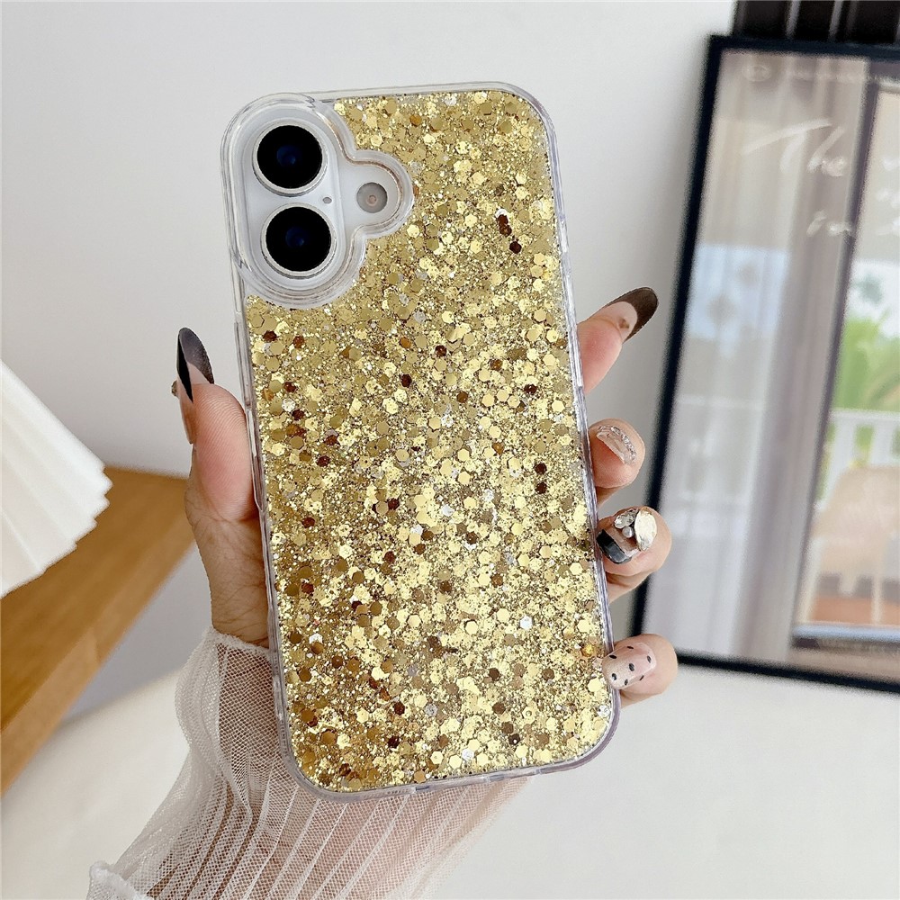 For iPhone 17 Case TPU Drop Protection Epoxy Glittery Sequins Phone Cover - Gold
