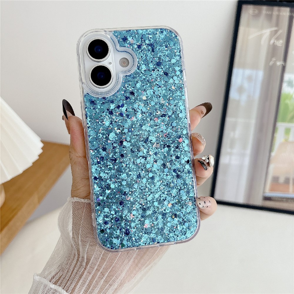 For iPhone 17 Case TPU Drop Protection Epoxy Glittery Sequins Phone Cover - Blue