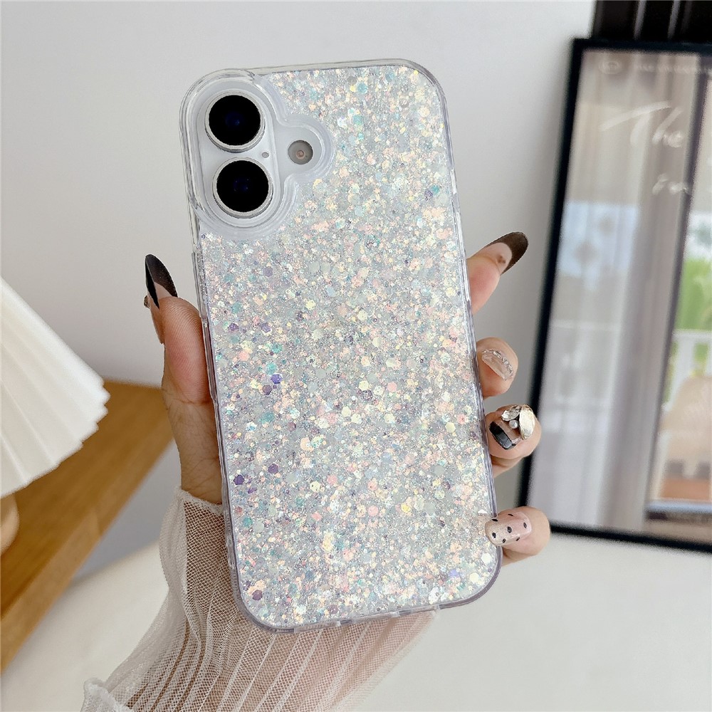 For iPhone 17 Case TPU Drop Protection Epoxy Glittery Sequins Phone Cover - White