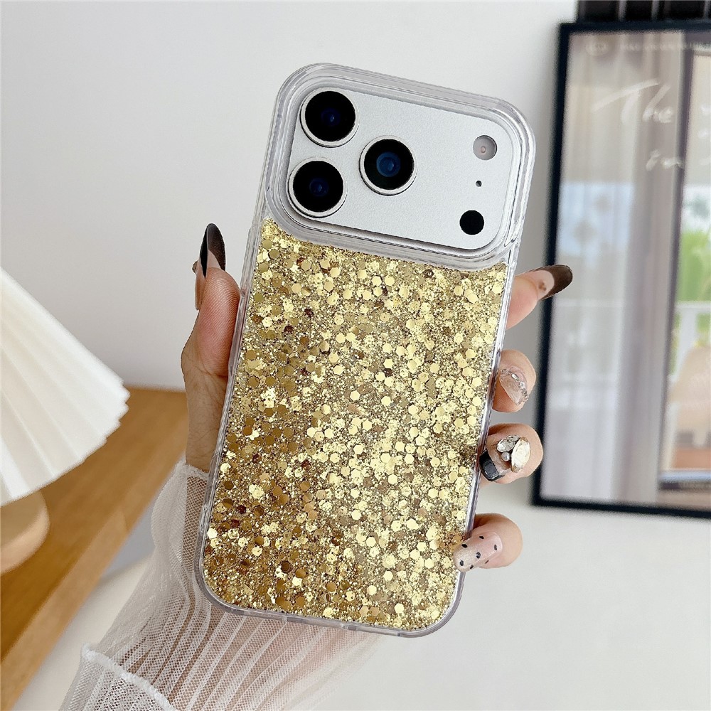 For iPhone 17 Pro Case TPU Drop Protection Epoxy Glittery Sequins Phone Cover - Gold