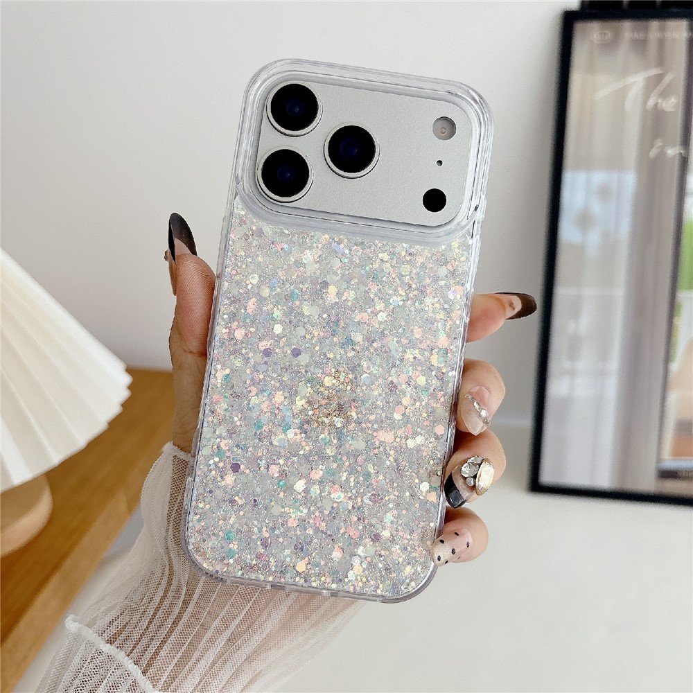 For iPhone 17 Pro Case TPU Drop Protection Epoxy Glittery Sequins Phone Cover - White