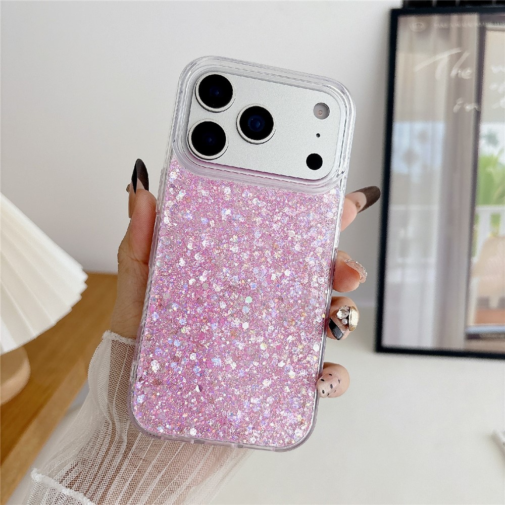 For iPhone 17 Pro Max Case TPU Drop Protection Epoxy Glittery Sequins Phone Cover - Pink
