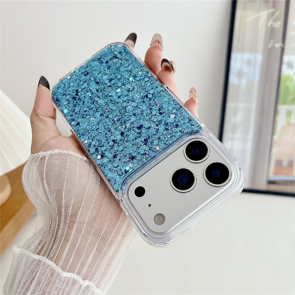 For iPhone 17 Pro Max Case TPU Drop Protection Epoxy Glittery Sequins Phone Cover - Blue