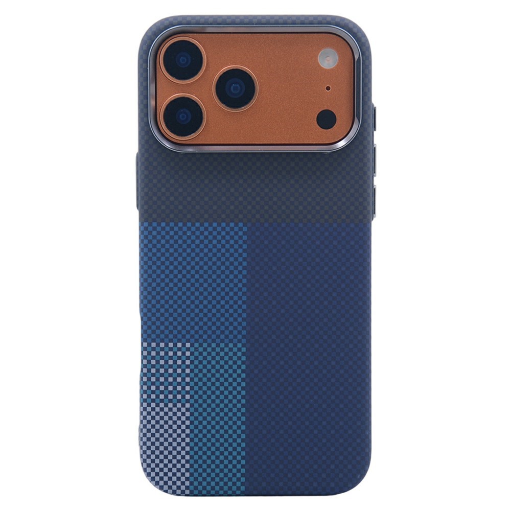 For iPhone 17 Pro Max Magnetic Case Carbon Fiber Texture Water Transfer PC Phone Cover - Blue Pattern Blocks
