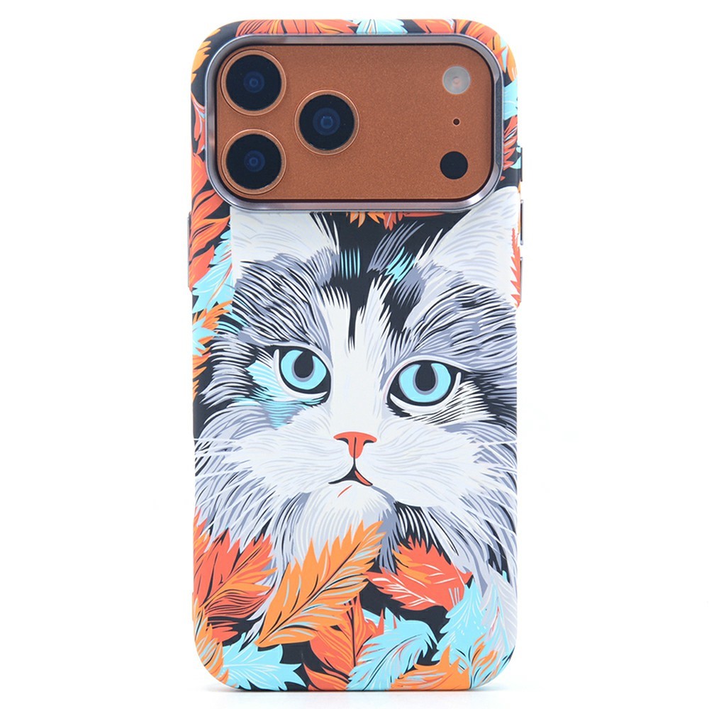 For iPhone 17 Pro Magnetic Case Carbon Fiber Texture Water Transfer PC Phone Cover - Blue-eyed Cat
