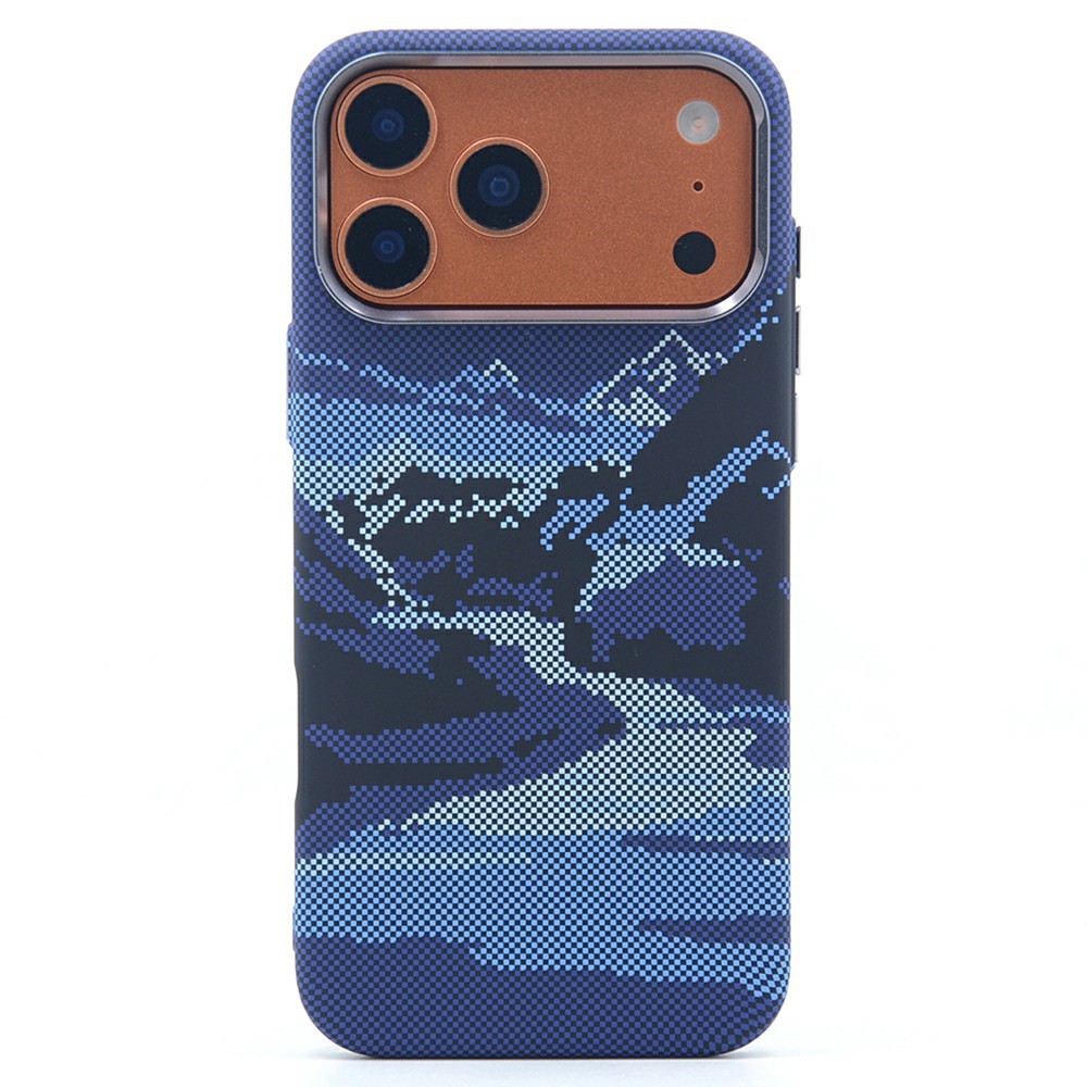 For iPhone 17 Pro Magnetic Case Carbon Fiber Texture Water Transfer PC Phone Cover - Blue Mountain River