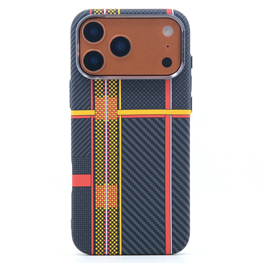 For iPhone 17 Pro Magnetic Case Carbon Fiber Texture Water Transfer PC Phone Cover - Red Yellow Interweaving