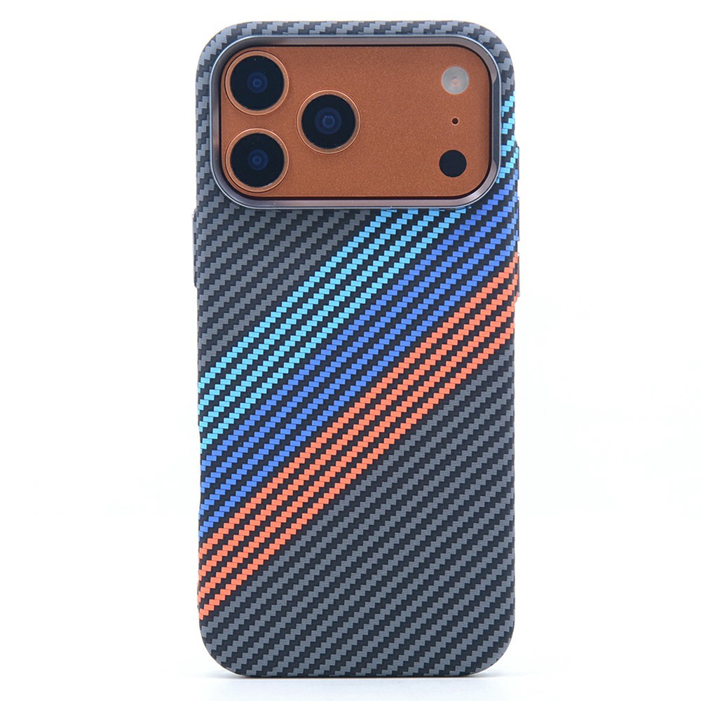 For iPhone 17 Pro Magnetic Case Carbon Fiber Texture Water Transfer PC Phone Cover - Baby Blue + Dark Blue + Red