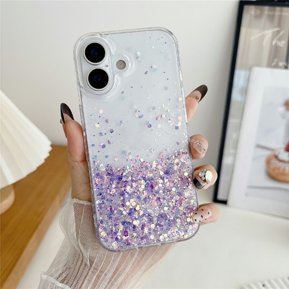 For iPhone 17 Case Sparkle Sequins Luminous Epoxy TPU Phone Cover - Purple