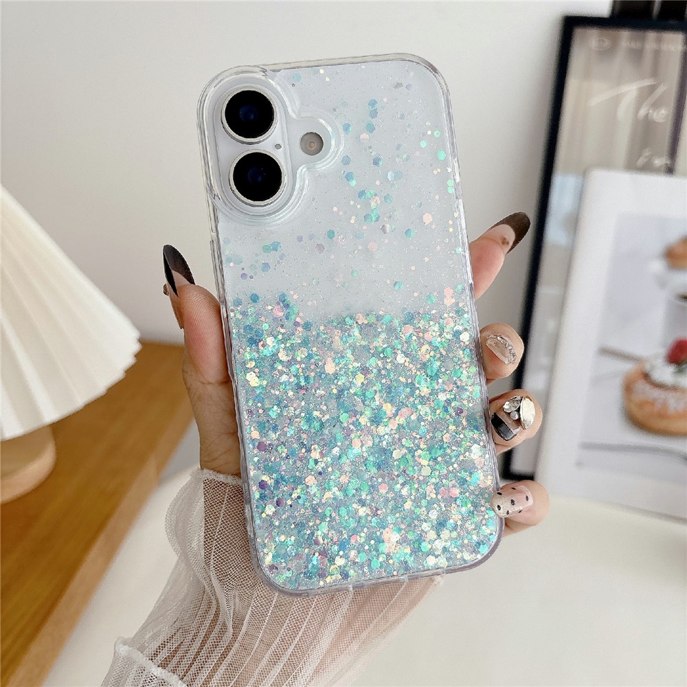 For iPhone 17 Case Sparkle Sequins Luminous Epoxy TPU Phone Cover - Blue